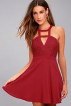 Lulus | All My Daydreams Wine Red Lace Skater Dress | Size Large | 100% Polyester