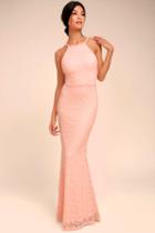 Lulus | Ephemeral Allure Peach Lace Maxi Dress | Size Large | Pink | 100% Polyester