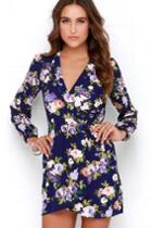 Honey Punch | That's A Wrap Navy Blue Floral Print Dress | Size Large | 100% Polyester | Lulus