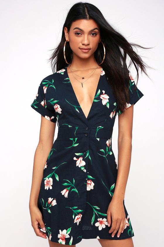Moon River Brisa Navy Blue Floral Print Button-up Dress | Lulus