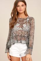 A Calin Whispering Winds Grey Floral Print Embroidered Top | Lulus