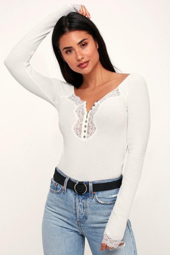 Free People To The West Ivory Lace Long Sleeve Top | Lulus