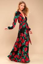 Lulus Strike A Rose Black Floral Print Long Sleeve Maxi Dress