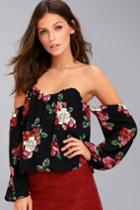 Lulus | In Your Arms Black Floral Print Off-the-shoulder Top | Size Small | 100% Polyester