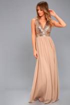 Lulus | Elegant Encounter Champagne Sequin Maxi Dress | Size Large | Gold | 100% Polyester
