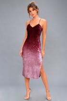 Lulus | Sunset Skyline Burgundy Ombre Velvet Midi Dress | Size Large | Purple | 100% Polyester