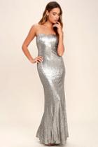 Lulus | Majestic Muse Silver Strapless Sequin Maxi Dress | Size Small | 100% Polyester