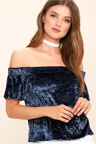 Lulus Ritual Slate Blue Velvet Off-the-shoulder Top