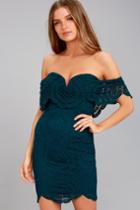 Lulus | Bellissimo Teal Blue Lace Off-the-shoulder Bodycon Dress | Size Large | 100% Polyester