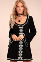 Love Stitch | Manzanillo Black Embroidered Long Sleeve Shift Dress | Size Medium | 100% Rayon | Lulus