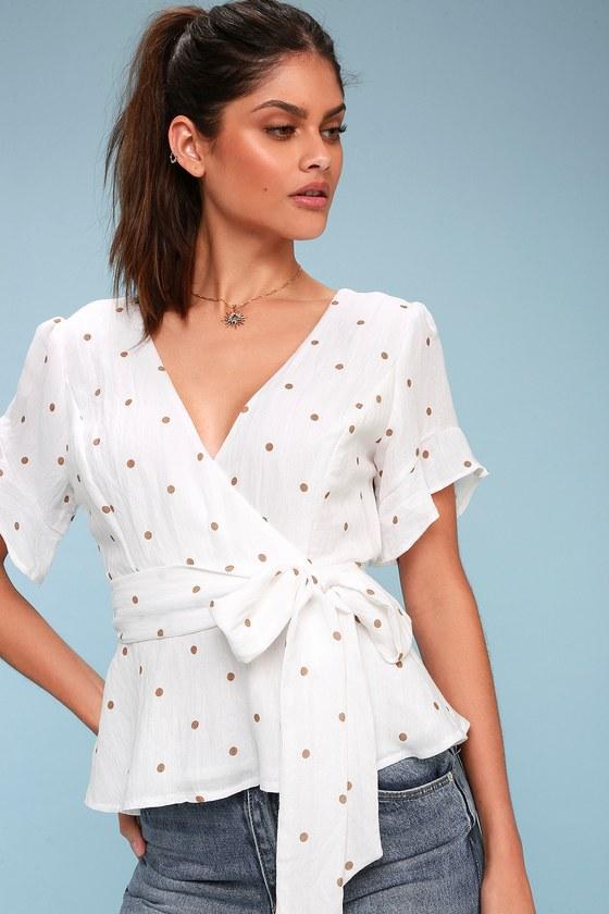 Artemis White And Tan Polka Dot Peplum Top | Lulus