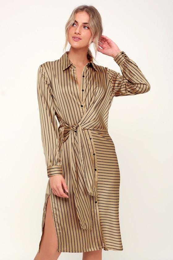 Lush Love In Luxe Gold Striped Satin Tie-front Long Sleeve Midi Dress | Lulus