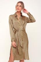 Lush Love In Luxe Gold Striped Satin Tie-front Long Sleeve Midi Dress | Lulus