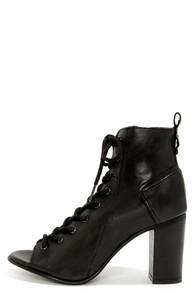 Steve Madden Scandlus Black Leather Lace-up Peep Toe Booties