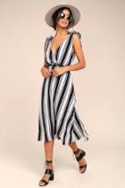 Ali & Jay | Salsa Conmigo Ivory Striped Midi Dress | Size Medium | White | 100% Polyester | Lulus