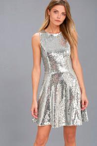 Lulus City Dreams Silver Sequin Sleeveless Skater Dress