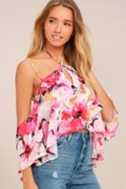 Lulus | Pretty Petals Pink Floral Print Off-the-shoulder Top | Size Large | 100% Polyester