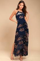 Lulus Moonflower Navy Blue Velvet Floral Print Maxi Dress