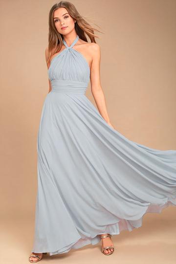Lulus | Dance Of The Elements Blue Grey Maxi Dress | Size Large | 100% Polyester