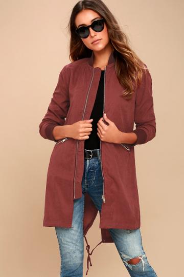 Le Lis | Rio Grande Burgundy Longline Bomber Jacket | Size Large | Red | 100% Polyester | Lulus