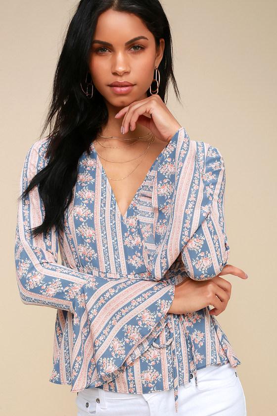Love Is Enough Blue And Blush Floral Print Wrap Top | Lulus