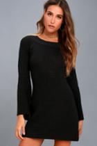Lulus | Cuddle A Little Closer Black Bell Sleeve Sweater Dress | Size Large