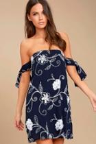 Lulus Dream Romance Navy Blue Embroidered Off-the-shoulder Dress