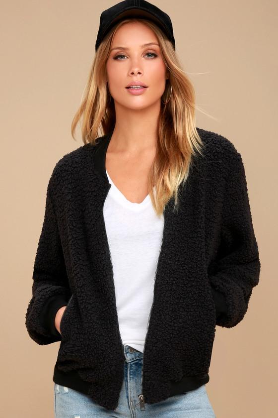 Ppla | Granger Black Shearling Bomber Jacket | Size Large | 100% Polyester | Lulus