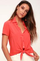 Always Chic Coral Red Button-up Tie-front Crop Top | Lulus