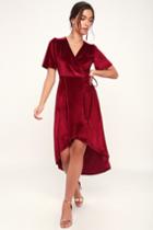 Amour Wine Red Velvet High-low Wrap Dress | Lulus