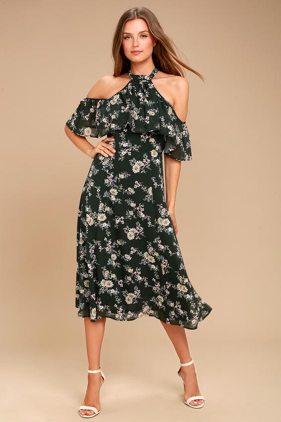 Re:named | Happy With You Forest Green Floral Print Midi Dress | Size Small | 100% Polyester | Lulus