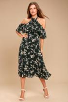 Re:named | Happy With You Forest Green Floral Print Midi Dress | Size Small | 100% Polyester | Lulus