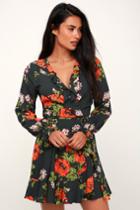 Kivari Istana Dark Teal Floral Print Long Sleeve Wrap Dress | Lulus