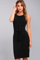 Lulus | Say So Black Lace-up Bodycon Midi Dress | Size Medium | 100% Polyester
