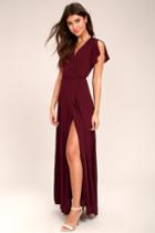 Lulus | Heart Of Marigold Burgundy Wrap Maxi Dress | Size Large | Red | 100% Rayon