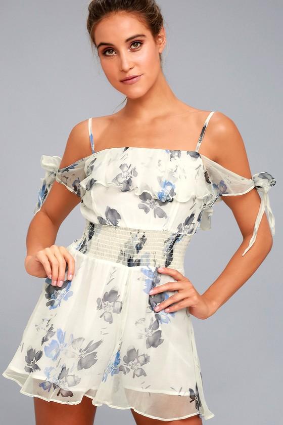 New Friends Colony | Water Lily White Floral Print Romper | Size Large | 100% Rayon | Lulus