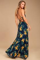 Lulus | Adventure Seeker Navy Blue And Yellow Floral Print Maxi Dress | Size X-large | 100% Polyester