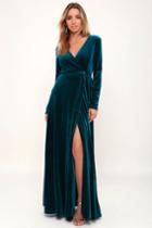 Jacinda Teal Blue Velvet Wrap Maxi Dress | Lulus