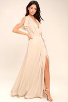 Lulus | City Of Stars Nude Maxi Dress | Size Large | Beige | 100% Polyester