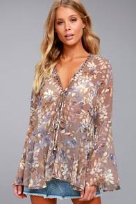 Lulus Sprawling Scenery Taupe Print Long Sleeve Top