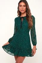 Moon River Ovila Forest Green Polka Dot Print Long Sleeve Dress | Lulus