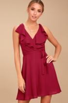 Lulus | Eve Of Enchantment Berry Red Wrap Dress | Size Large | 100% Polyester