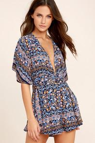 Lulus Flora Aura Navy Blue Floral Print Romper