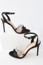 Jewel By Badgley Mischka Merida Black Satin Rhinestone Ankle Strap Heels | Lulus