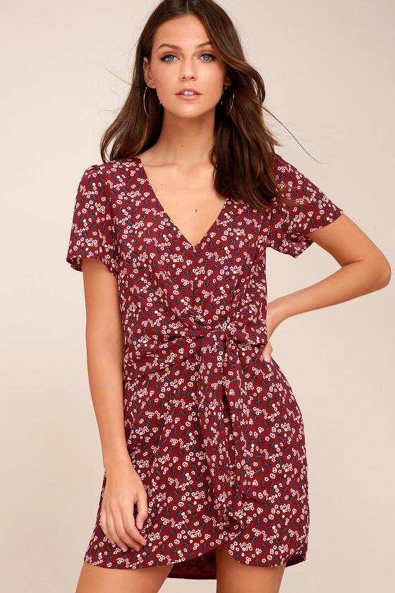 Lulus | Floral Support Wine Red Floral Print Knotted Dress | Size Large | 100% Polyester