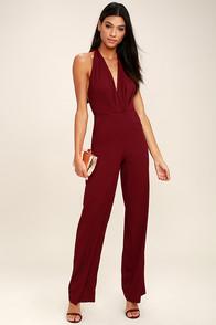 Lulus Can't Hardly Wait Burgundy Halter Jumpsuit