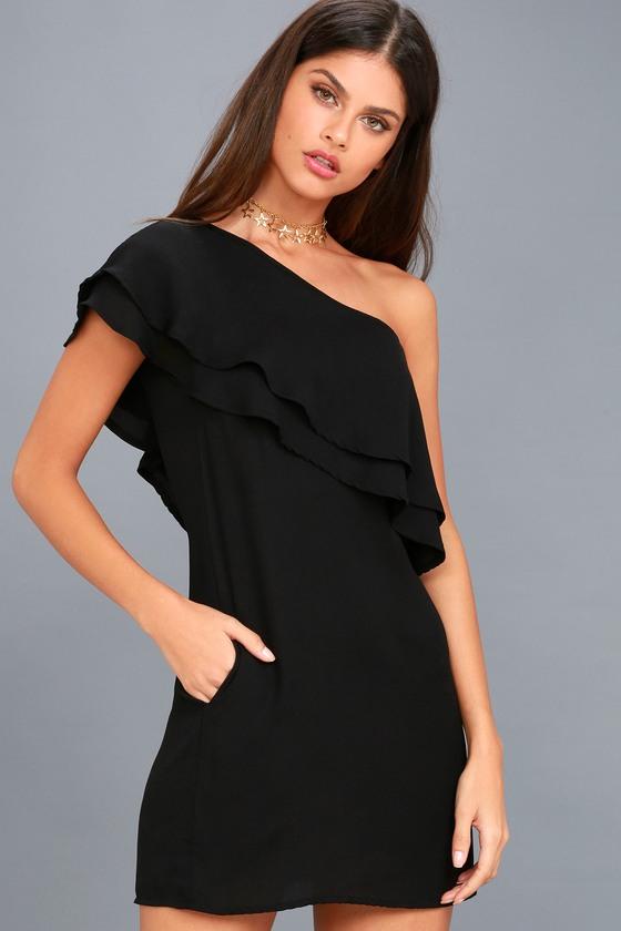 Lulus | My World Black One-shoulder Shift Dress | Size Large | 100% Polyester