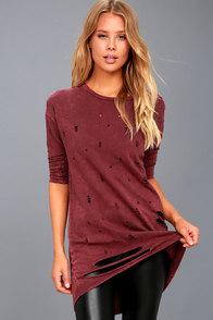 Ppla Jagger Washed Burgundy Distressed Long Sleeve Sweater Top