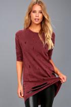 Ppla Jagger Washed Burgundy Distressed Long Sleeve Sweater Top