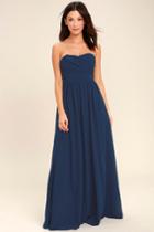 Lulus | All Afloat Navy Blue Strapless Maxi Dress | Size Small | 100% Polyester